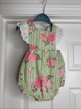 Kelly's Kids Green and Pink Striped Floral Romper with Lace